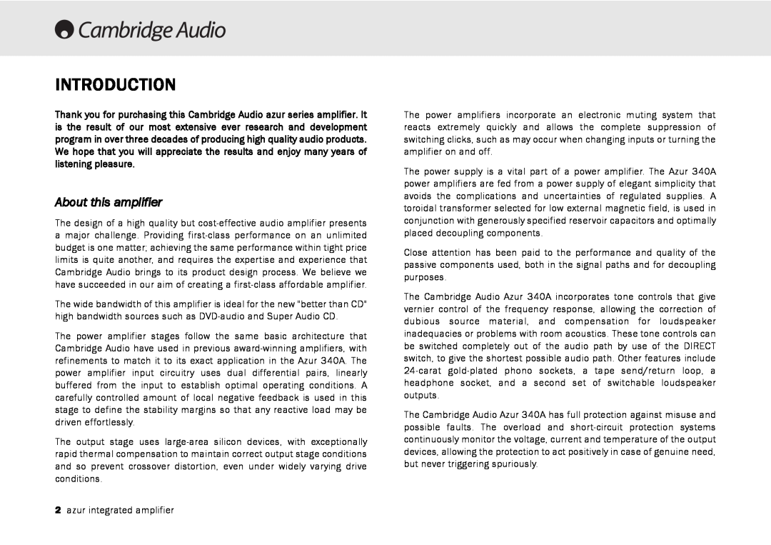 Cambridge Audio 340A user manual Introduction, About this amplifier 