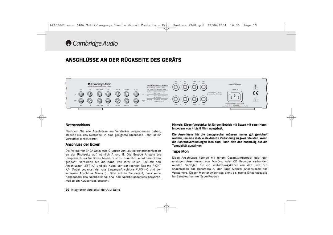 Cambridge Audio 340A user manual Anschlüsse An Der Rückseite Des Geräts, Netzanschluss, Anschluss der Boxen, Tape Mon 