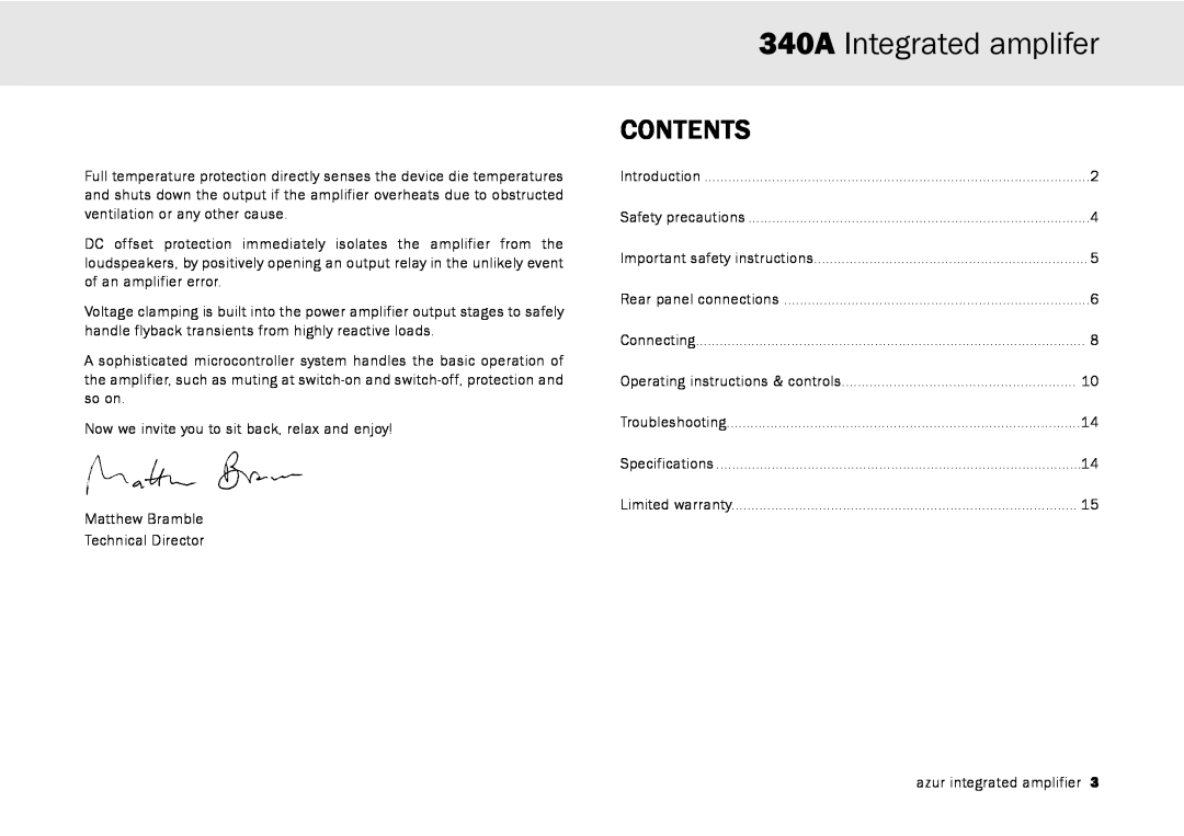 Cambridge Audio user manual 340A Integrated amplifer, Contents 