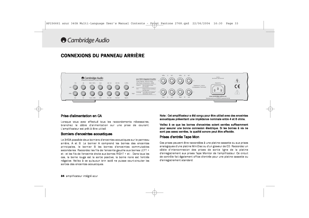 Cambridge Audio 340A user manual Connexions Du Panneau Arrière, Prise dalimentation en CA, Borniers denceintes acoustiques 