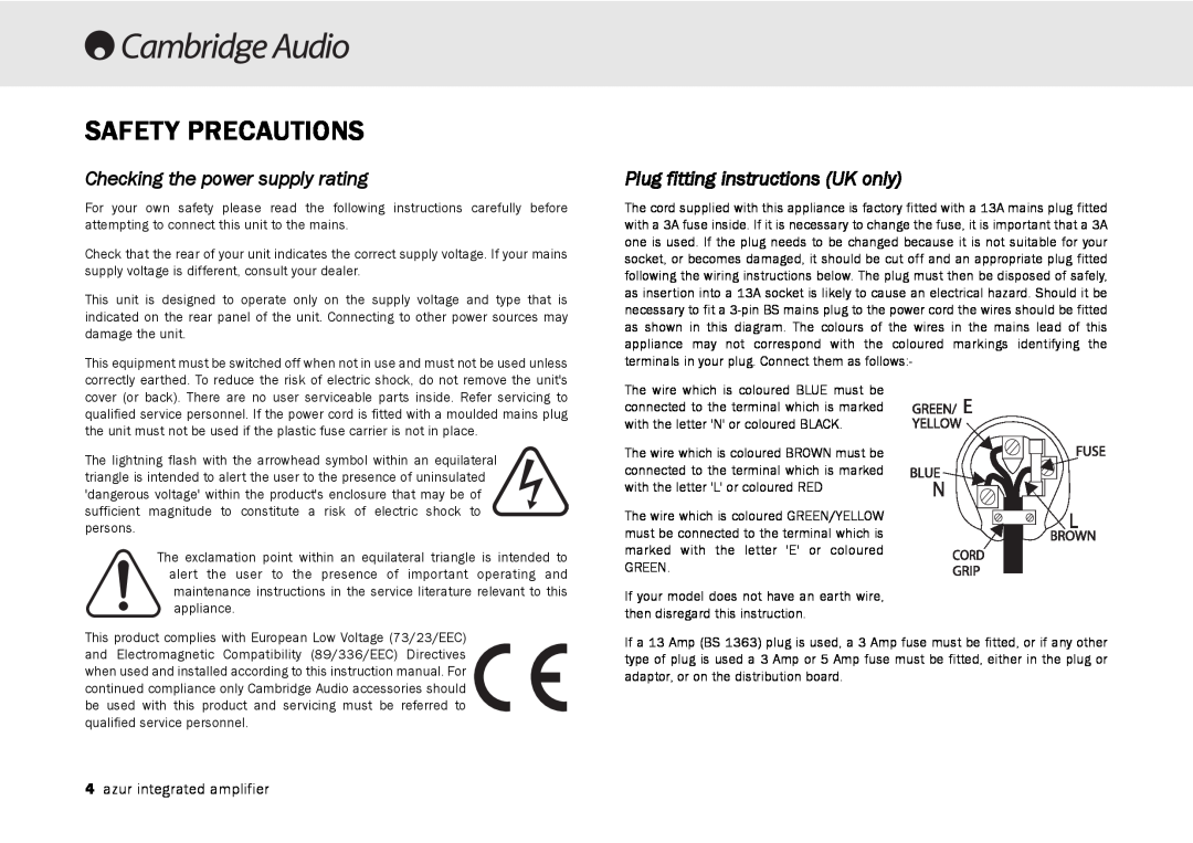 Cambridge Audio 340A user manual Safety Precautions, Checking the power supply rating, Plug fitting instructions UK only 