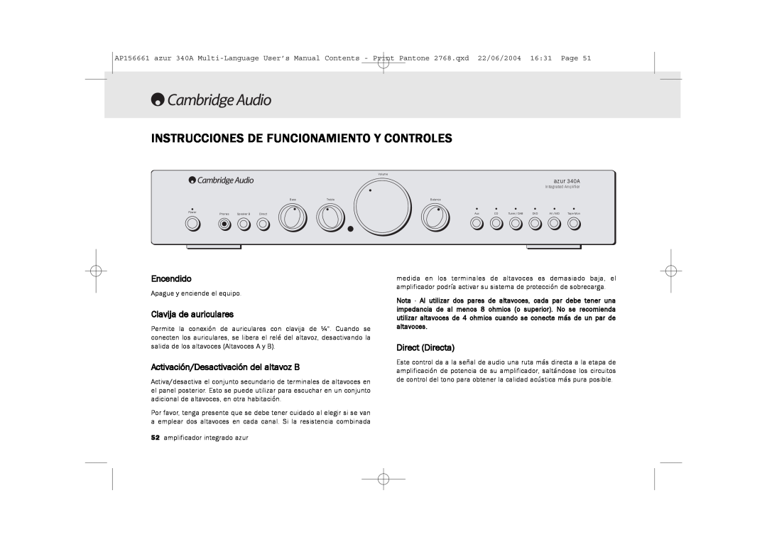 Cambridge Audio 340A Instrucciones De Funcionamiento Y Controles, Encendido, Clavija de auriculares, Direct Directa 