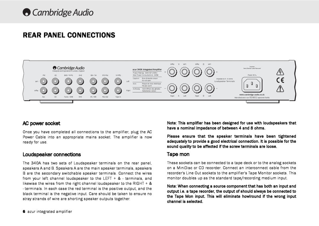 Cambridge Audio 340A user manual Rear Panel Connections, AC power socket, Loudspeaker connections, Tape mon 