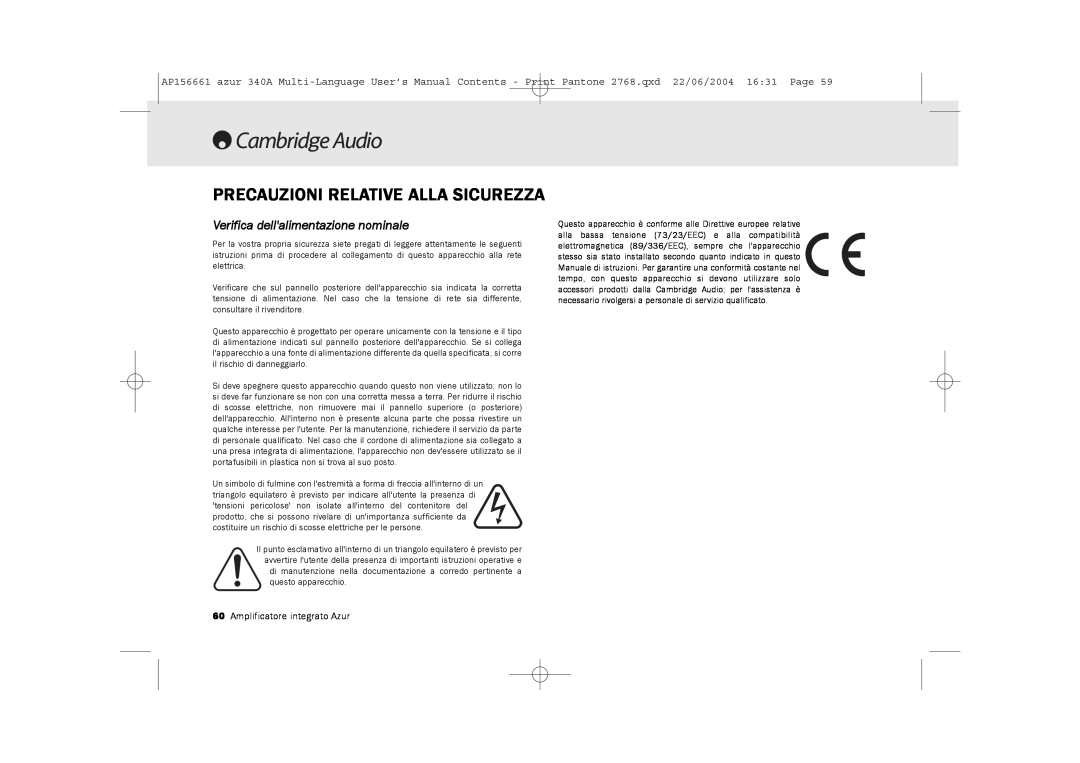 Cambridge Audio 340A user manual Precauzioni Relative Alla Sicurezza, Verifica dellalimentazione nominale 