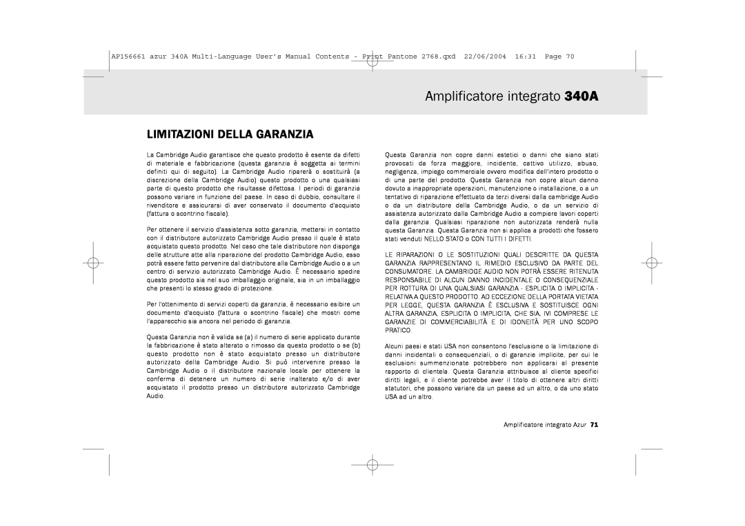 Cambridge Audio user manual Limitazioni Della Garanzia, Amplificatore integrato 340A 