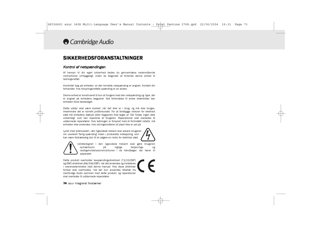 Cambridge Audio 340A user manual Sikkerhedsforanstaltninger, Kontrol af netspændingen 
