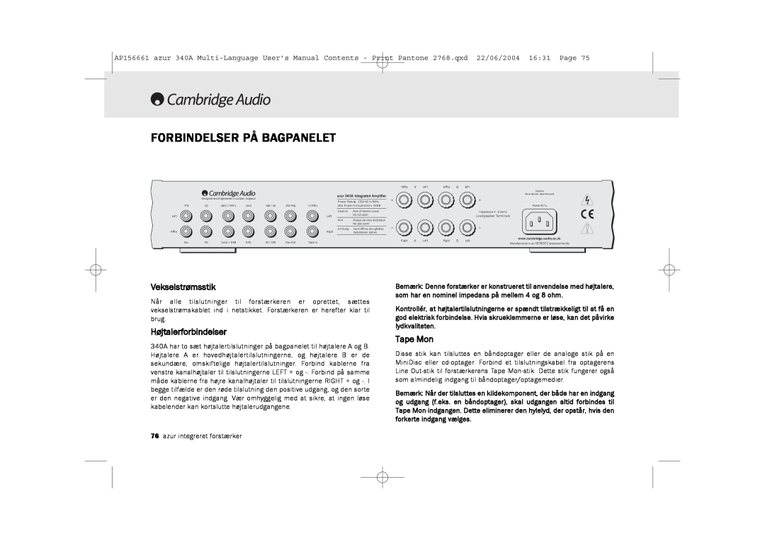 Cambridge Audio 340A user manual Forbindelser På Bagpanelet, Vekselstrømsstik, Højtalerforbindelser, Tape Mon 