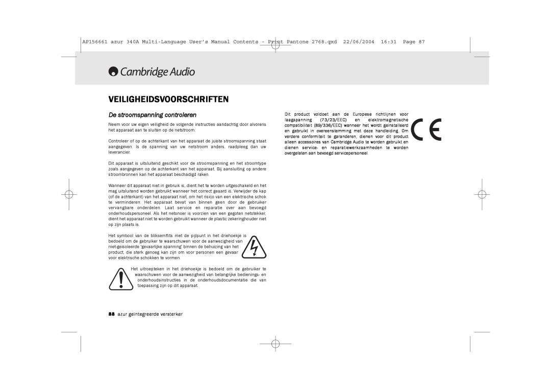 Cambridge Audio 340A user manual Veiligheidsvoorschriften, De stroomspanning controleren 