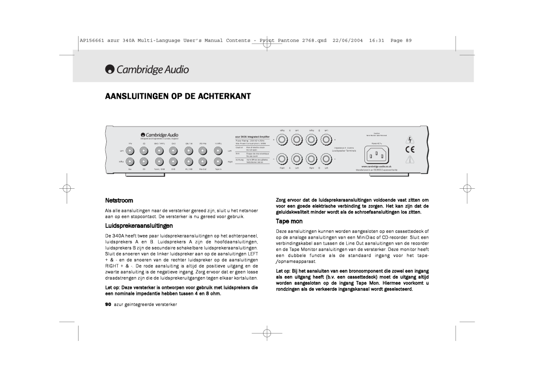 Cambridge Audio 340A user manual Aansluitingen Op De Achterkant, Netstroom, Luidsprekeraansluitingen, Tape mon 