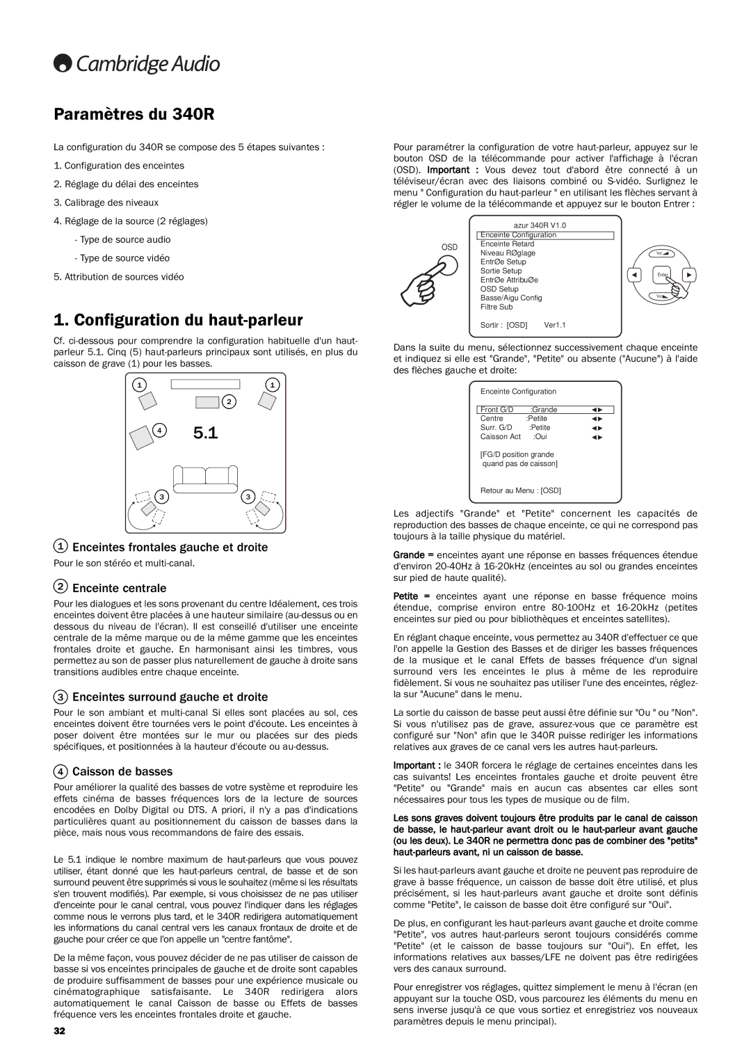 Cambridge Audio manuel dutilisation Paramètres du 340R, Configuration du haut-parleur 