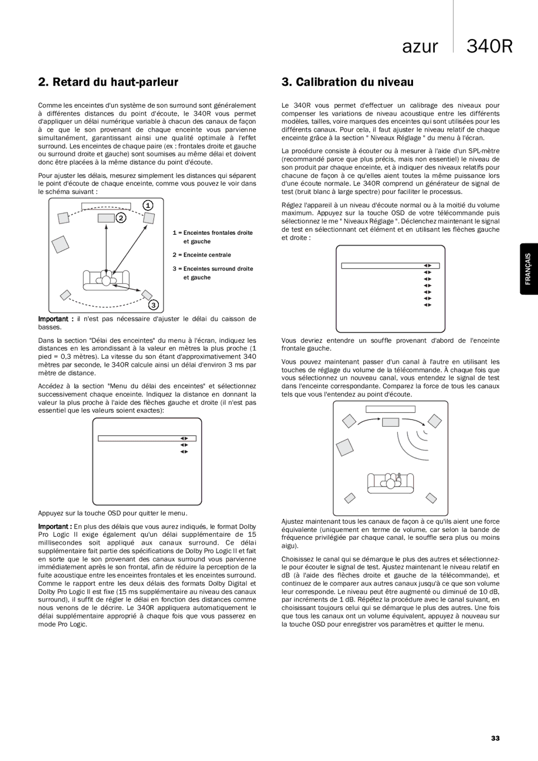 Cambridge Audio 340R manuel dutilisation Retard du haut-parleur, Calibration du niveau 