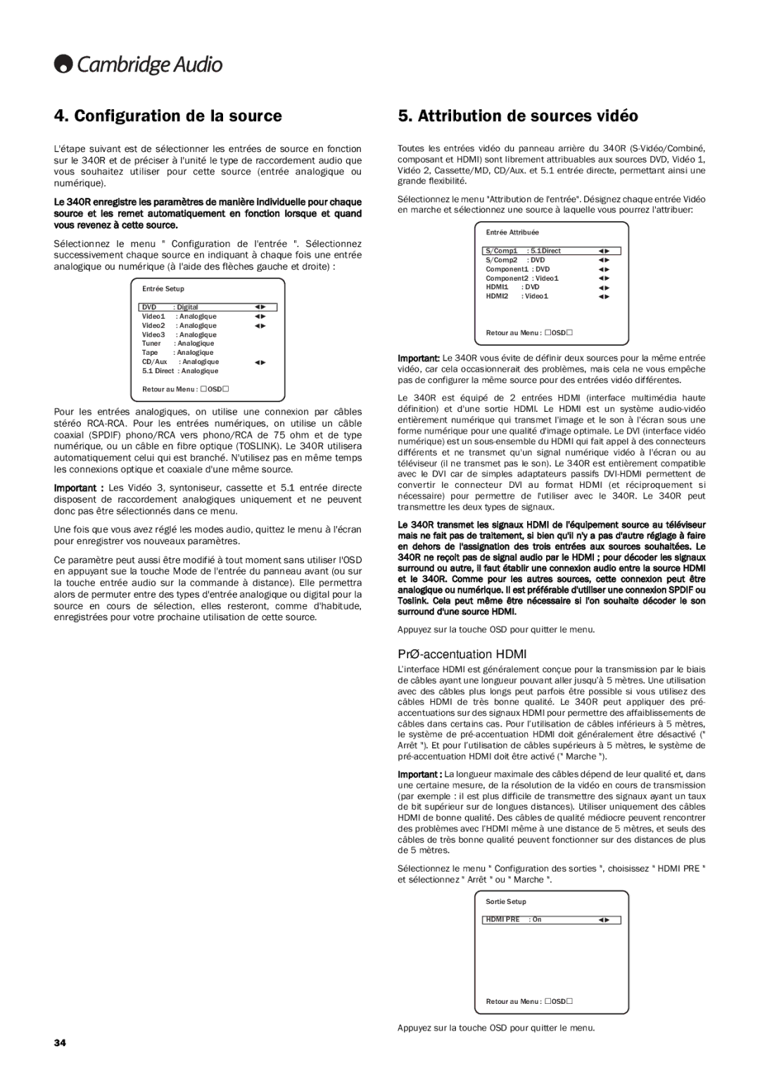 Cambridge Audio 340R manuel dutilisation Configuration de la source, Attribution de sources vidéo, Pré-accentuation Hdmi 