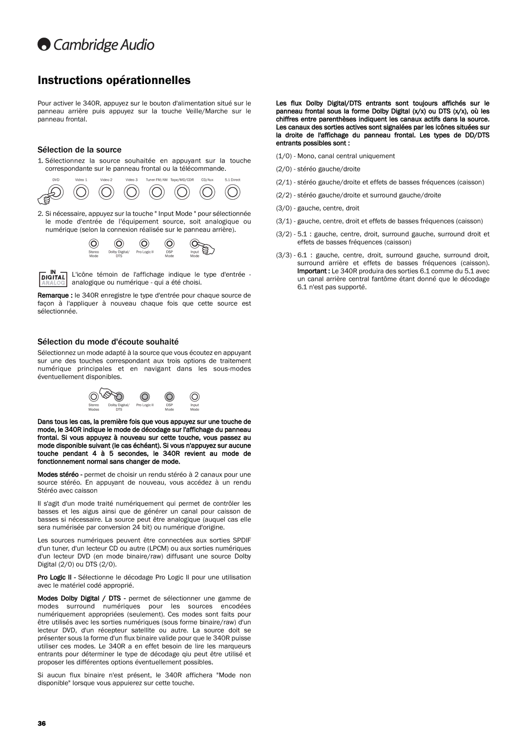 Cambridge Audio 340R Instructions opérationnelles, Sélection de la source, Sélection du mode découte souhaité 