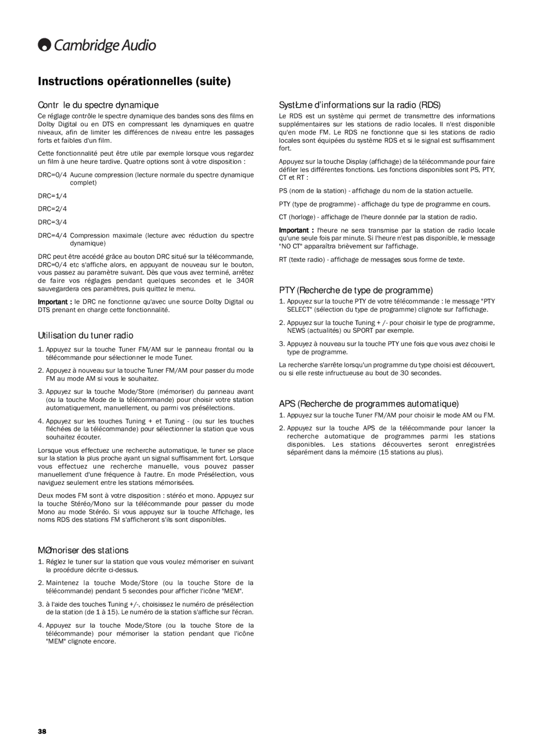 Cambridge Audio 340R Instructions opérationnelles suite, Contrôle du spectre dynamique, Utilisation du tuner radio 