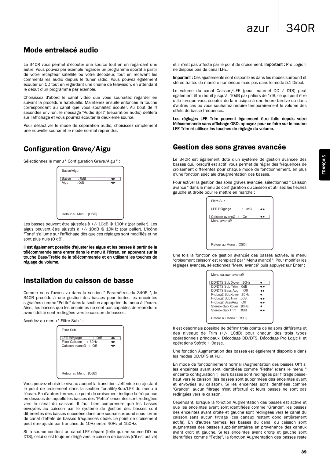 Cambridge Audio 340R manuel dutilisation Mode entrelacé audio, Configuration Grave/Aigu, Installation du caisson de basse 