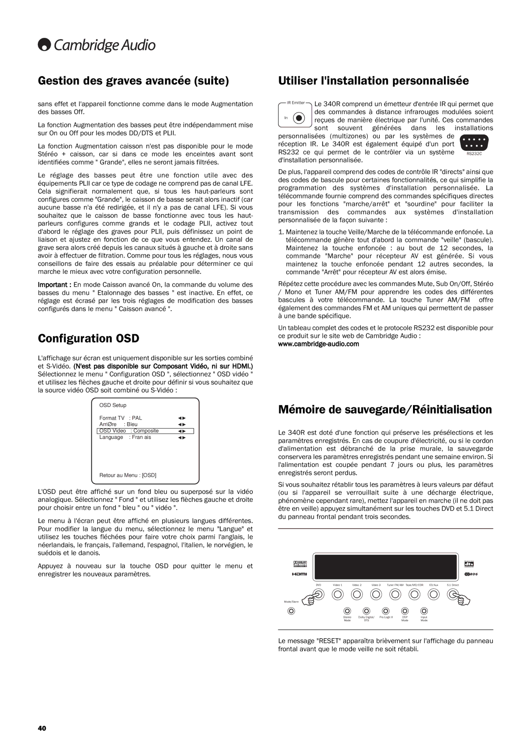 Cambridge Audio 340R Gestion des graves avancée suite, Configuration OSD, Utiliser linstallation personnalisée 