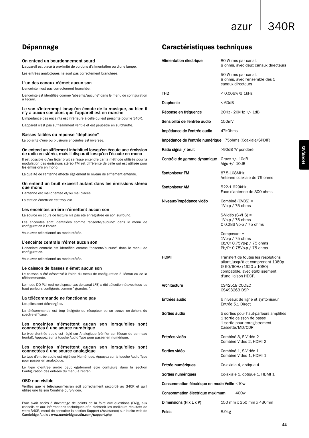 Cambridge Audio 340R manuel dutilisation Dépannage, Caractéristiques techniques 