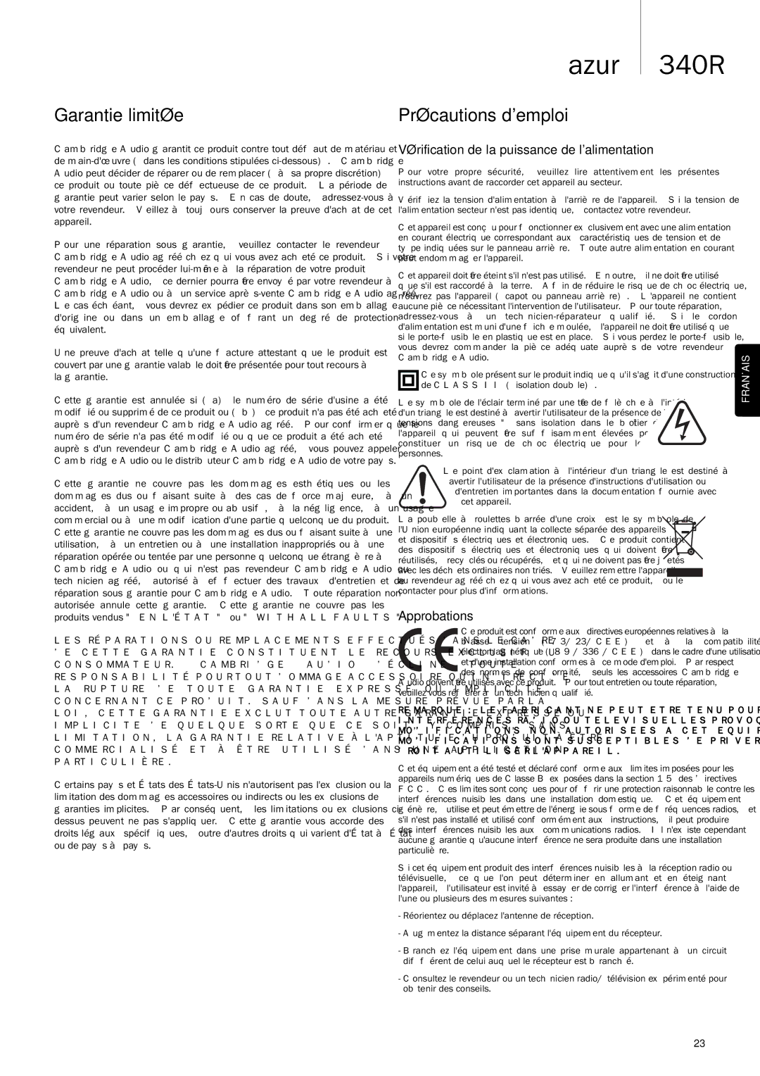 Cambridge Audio 340R Garantie limitée, Précautions demploi, Vérification de la puissance de lalimentation, Approbations 