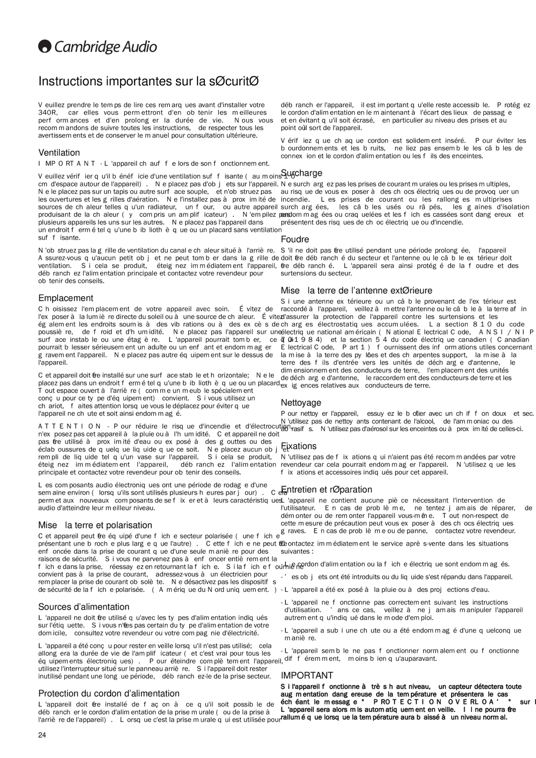 Cambridge Audio 340R manuel dutilisation Instructions importantes sur la sécurité 