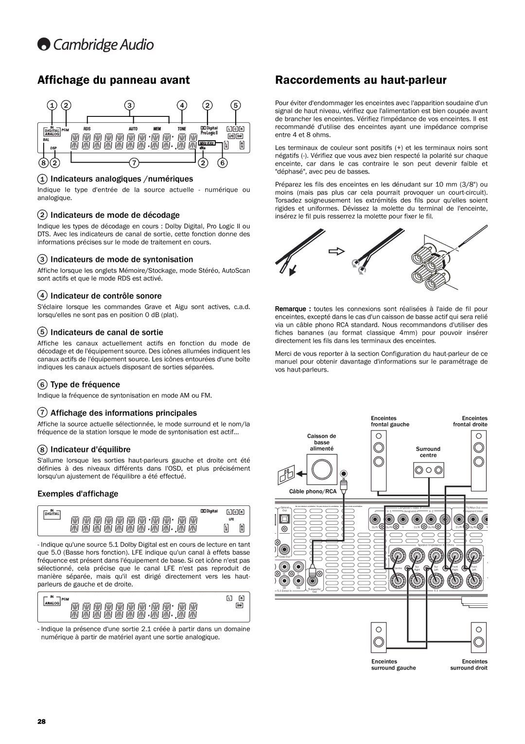 Cambridge Audio 340R manuel dutilisation Affichage du panneau avant, Raccordements au haut-parleur 