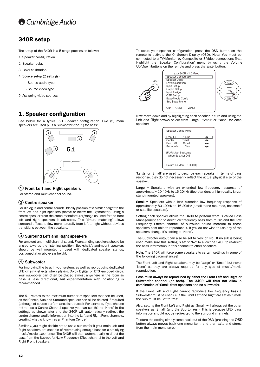 Cambridge Audio 340Razur user manual 340R setup, Speaker configuration 