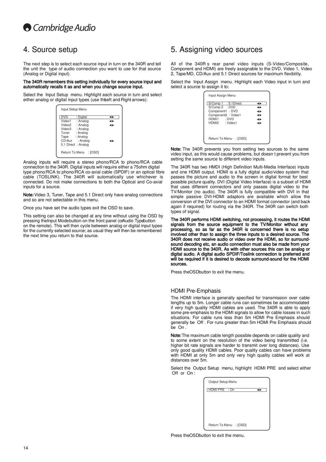 Cambridge Audio 340Razur user manual Source setup, Assigning video sources, Hdmi Pre-Emphasis 