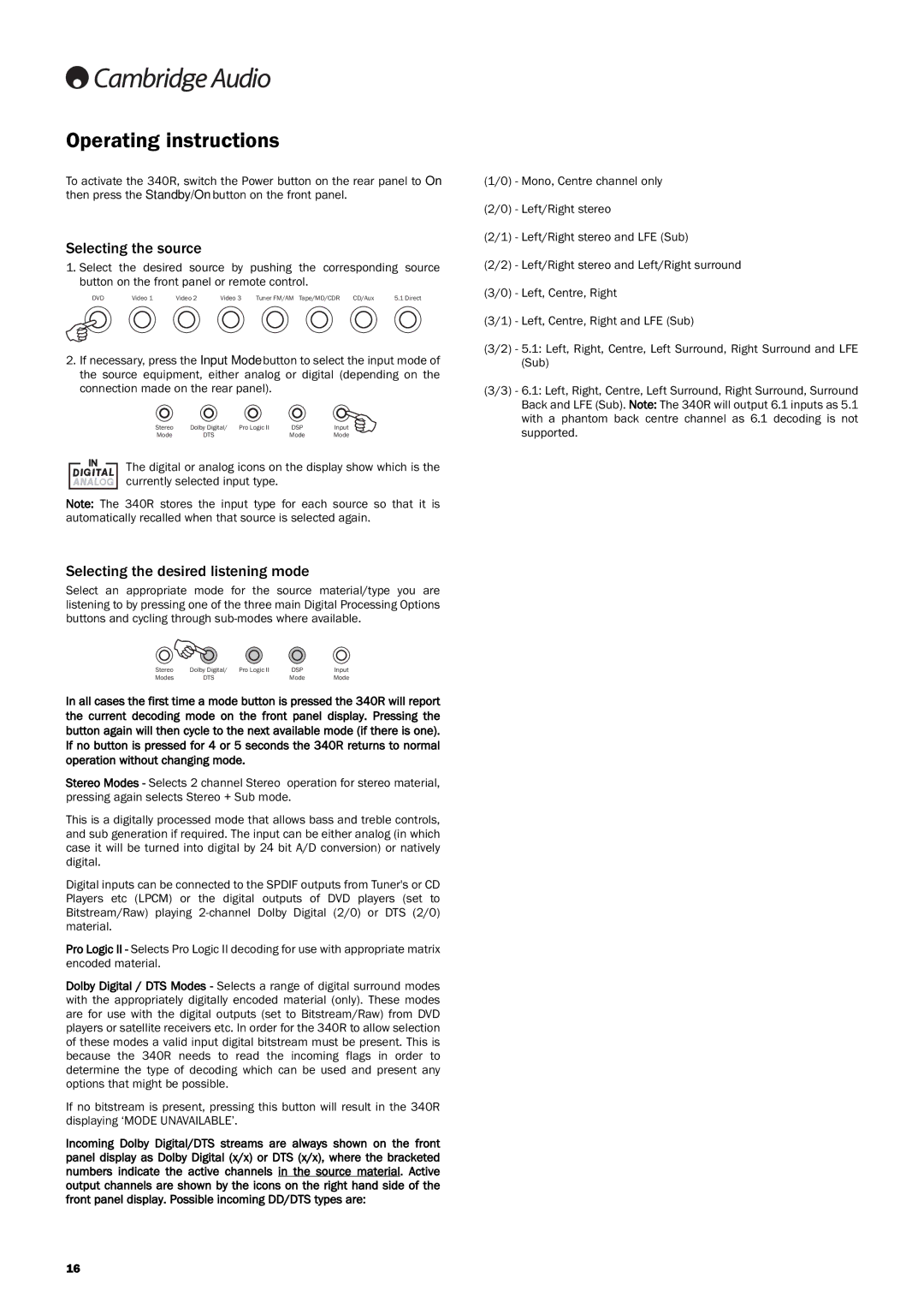 Cambridge Audio 340Razur user manual Operating instructions, Selecting the source, Selecting the desired listening mode 