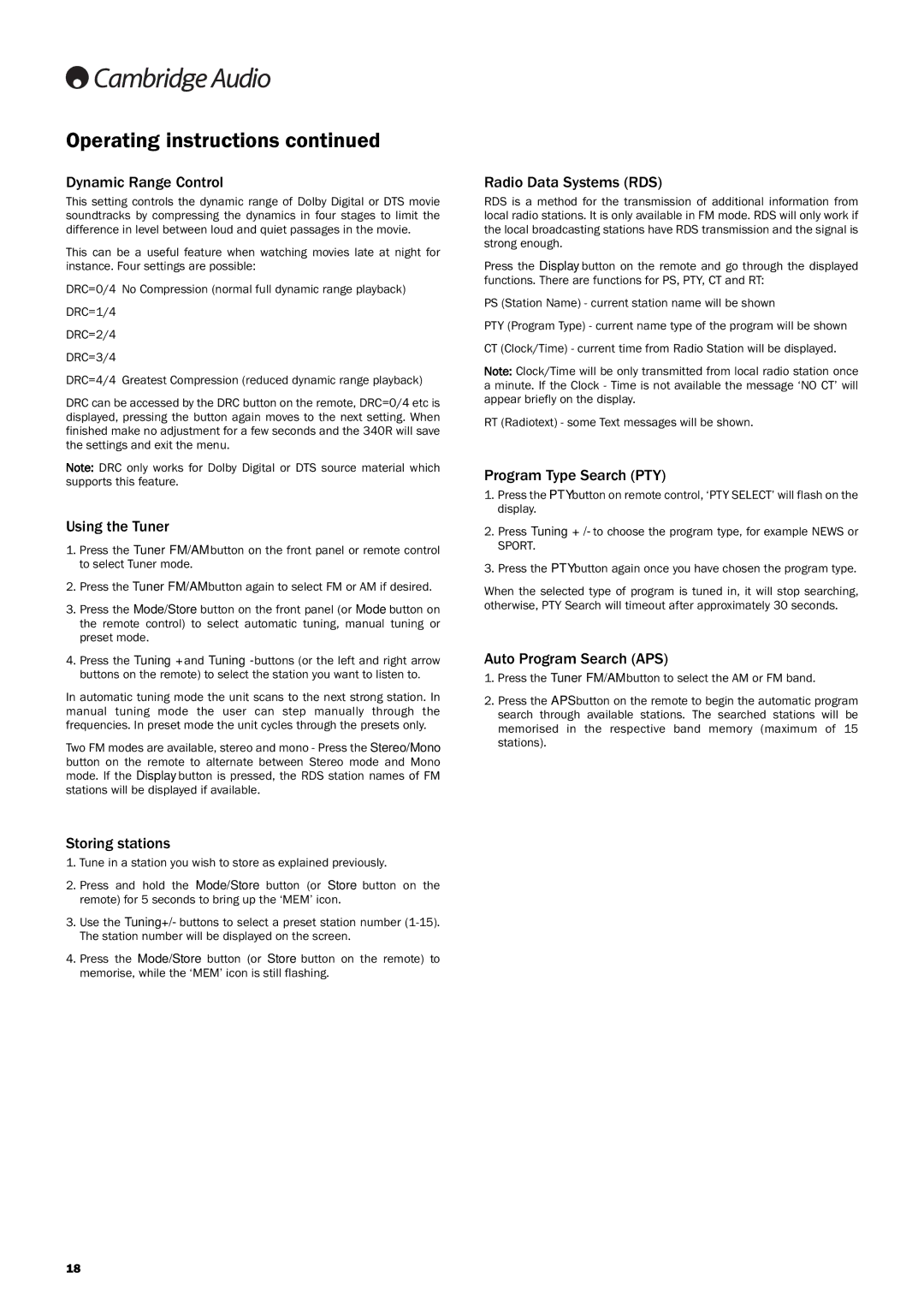 Cambridge Audio 340Razur user manual Dynamic Range Control, Using the Tuner, Storing stations, Radio Data Systems RDS 