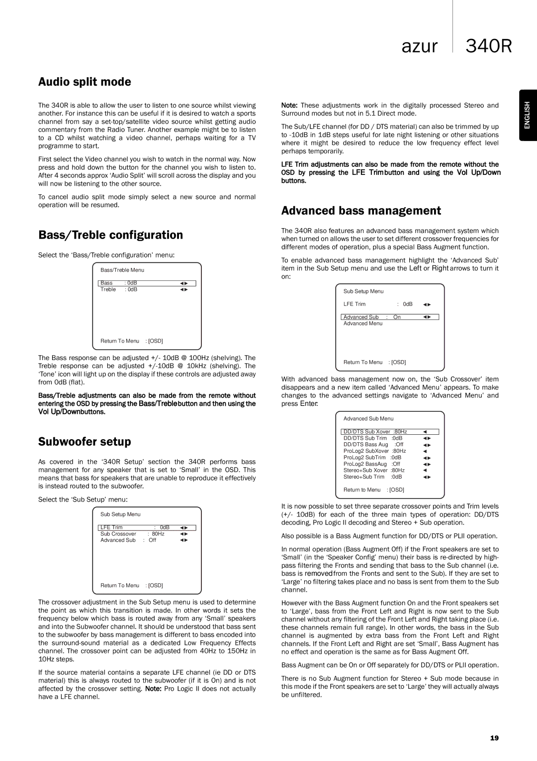 Cambridge Audio 340Razur user manual Audio split mode, Bass/Treble configuration, Subwoofer setup, Advanced bass management 