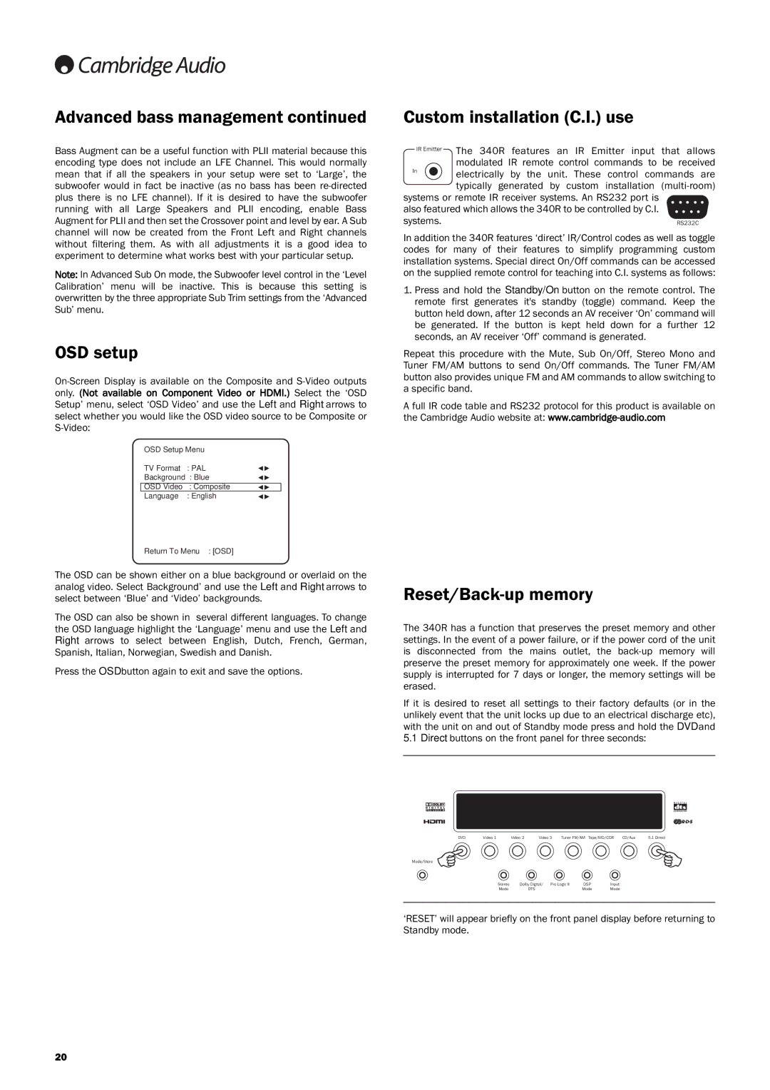 Cambridge Audio 340Razur user manual OSD setup, Custom installation C.I. use, Reset/Back-up memory 