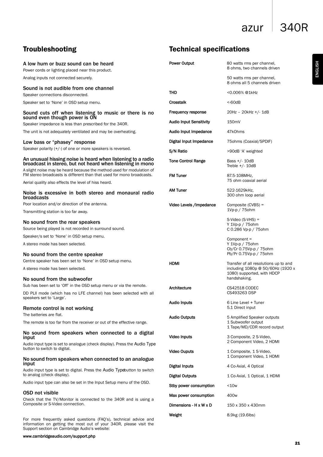 Cambridge Audio 340Razur user manual Troubleshooting, Technical specifications 