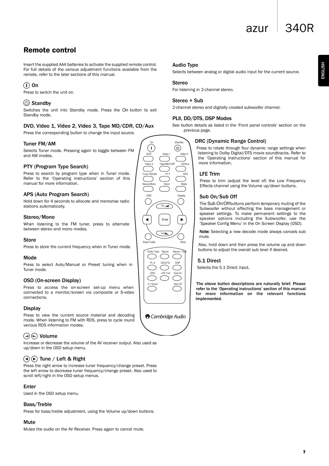 Cambridge Audio 340Razur user manual Remote control 