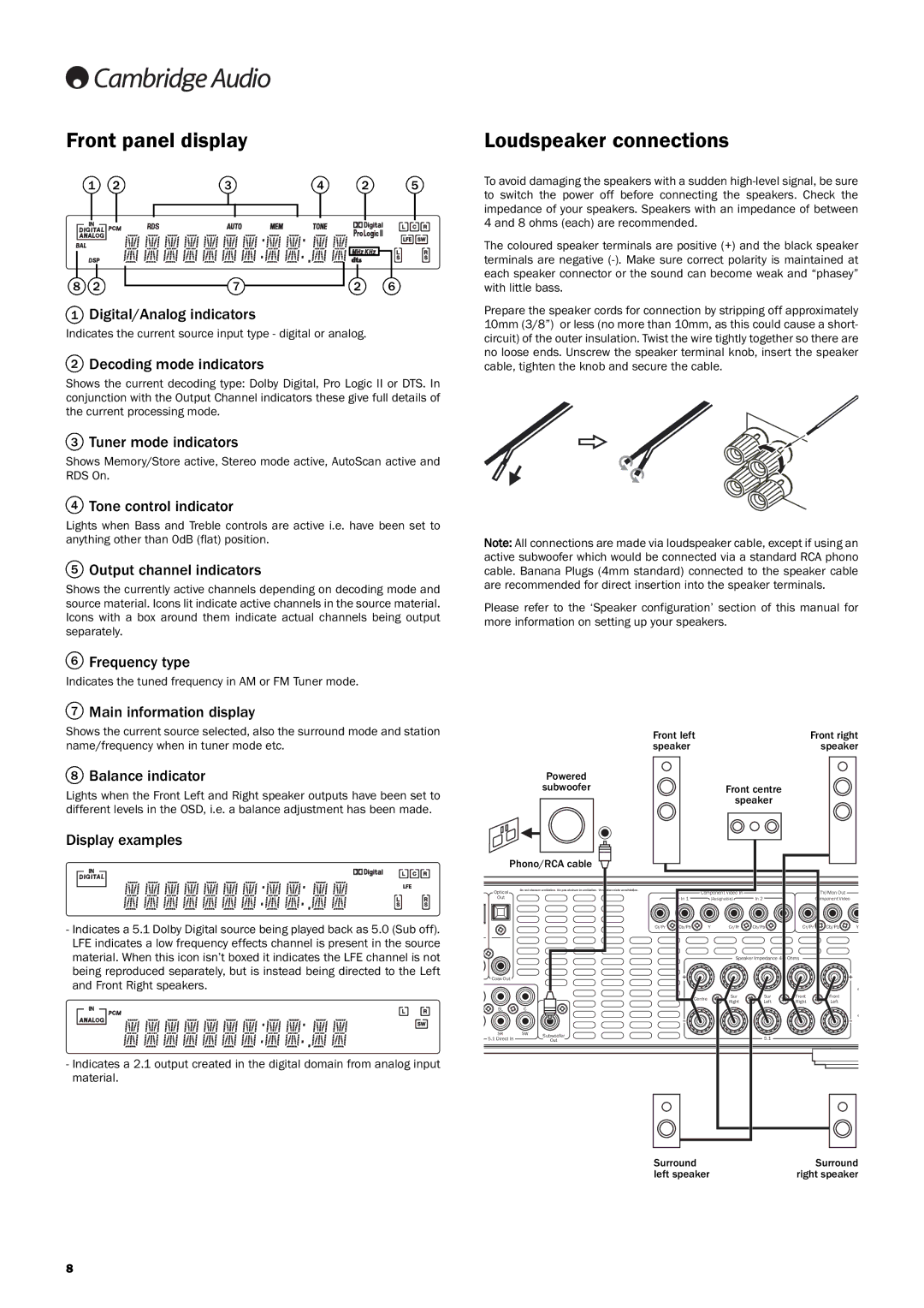 Cambridge Audio 340Razur user manual Front panel display, Loudspeaker connections 