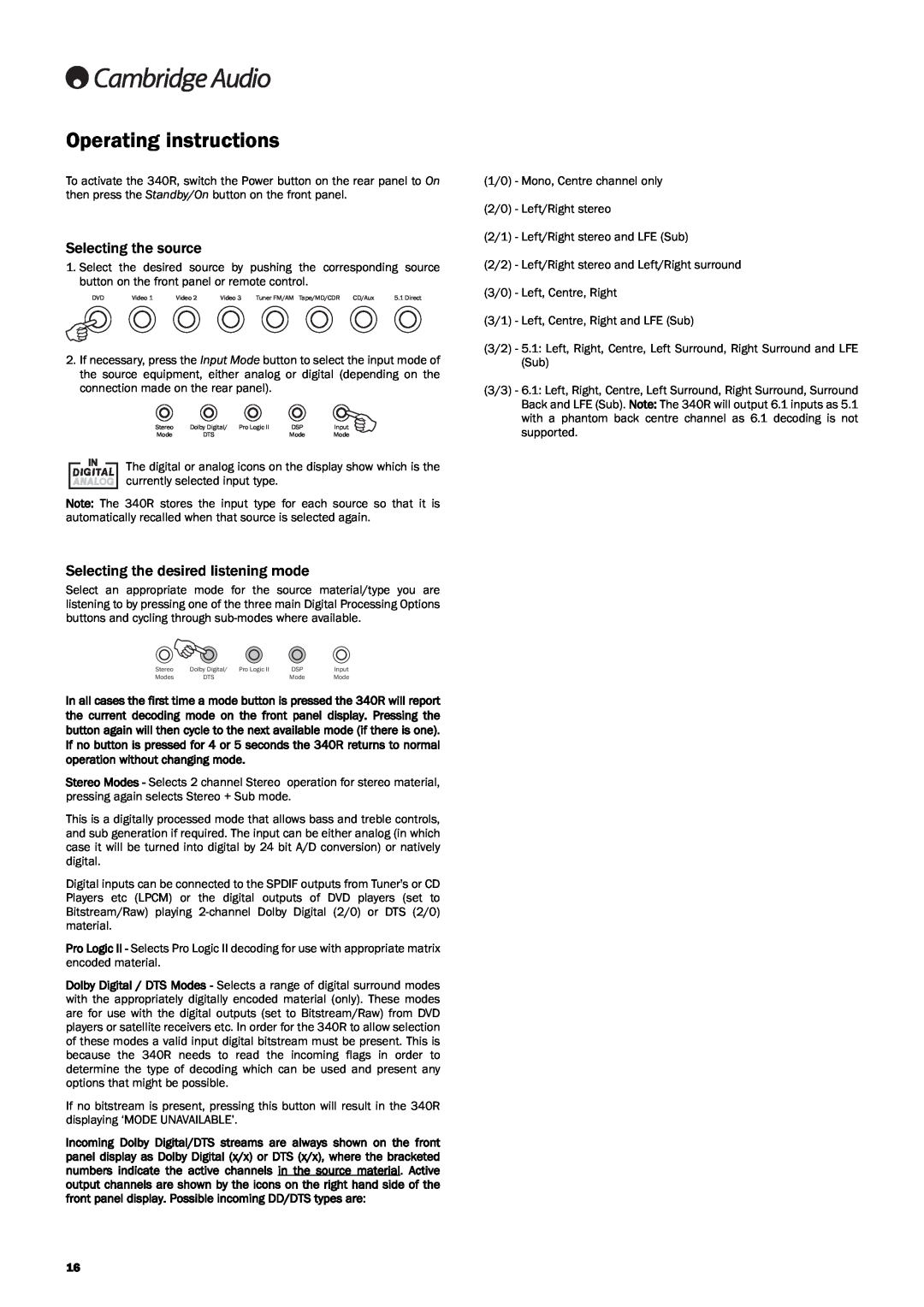 Cambridge Audio 340Razur user manual Operating instructions, Selecting the source, Selecting the desired listening mode 