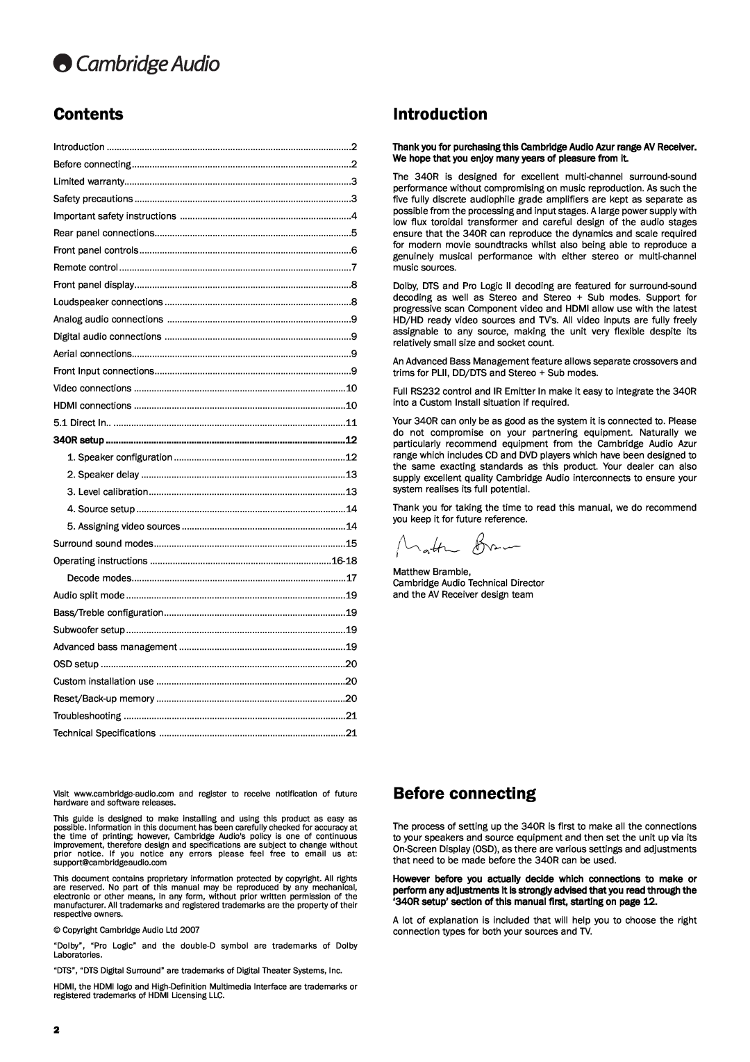 Cambridge Audio 340Razur user manual Contents, Introduction, Before connecting 