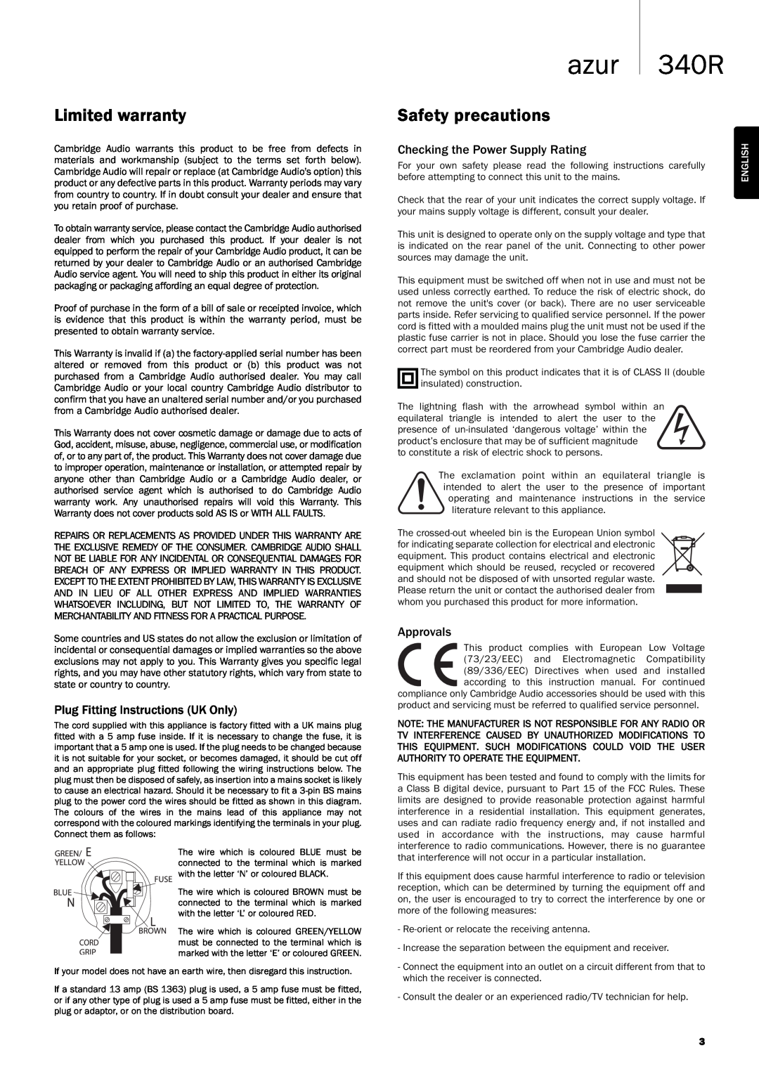 Cambridge Audio 340Razur user manual Limited warranty, Safety precautions, English 