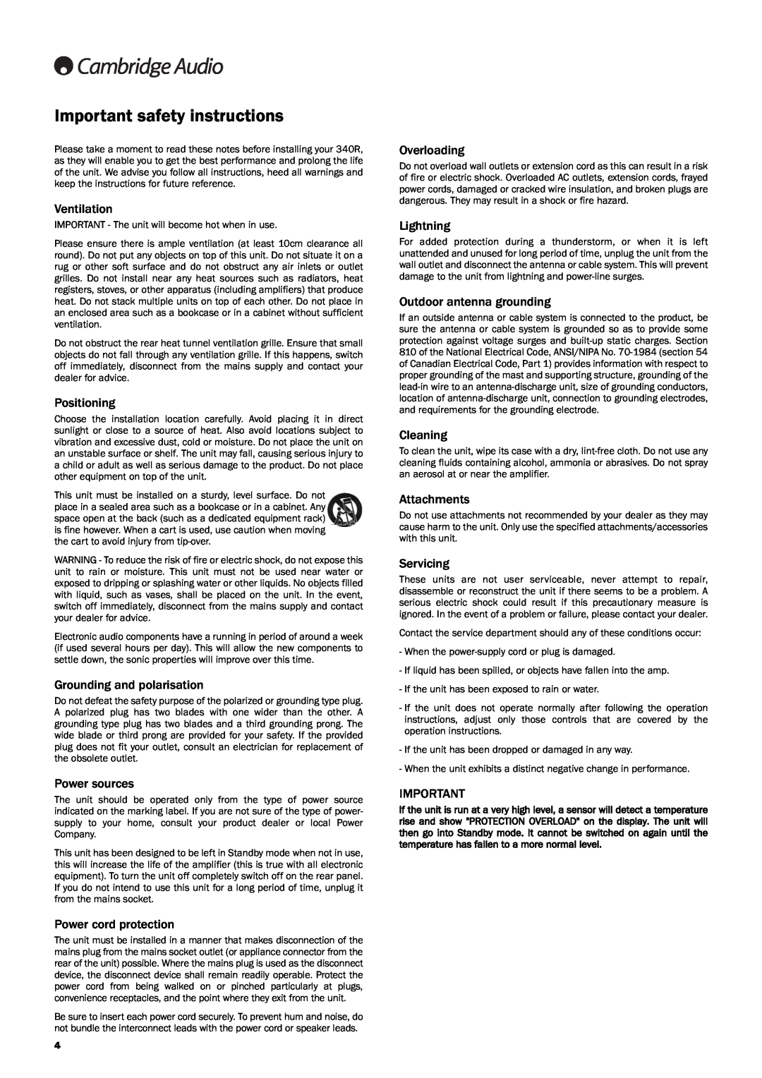 Cambridge Audio 340Razur user manual Important safety instructions 