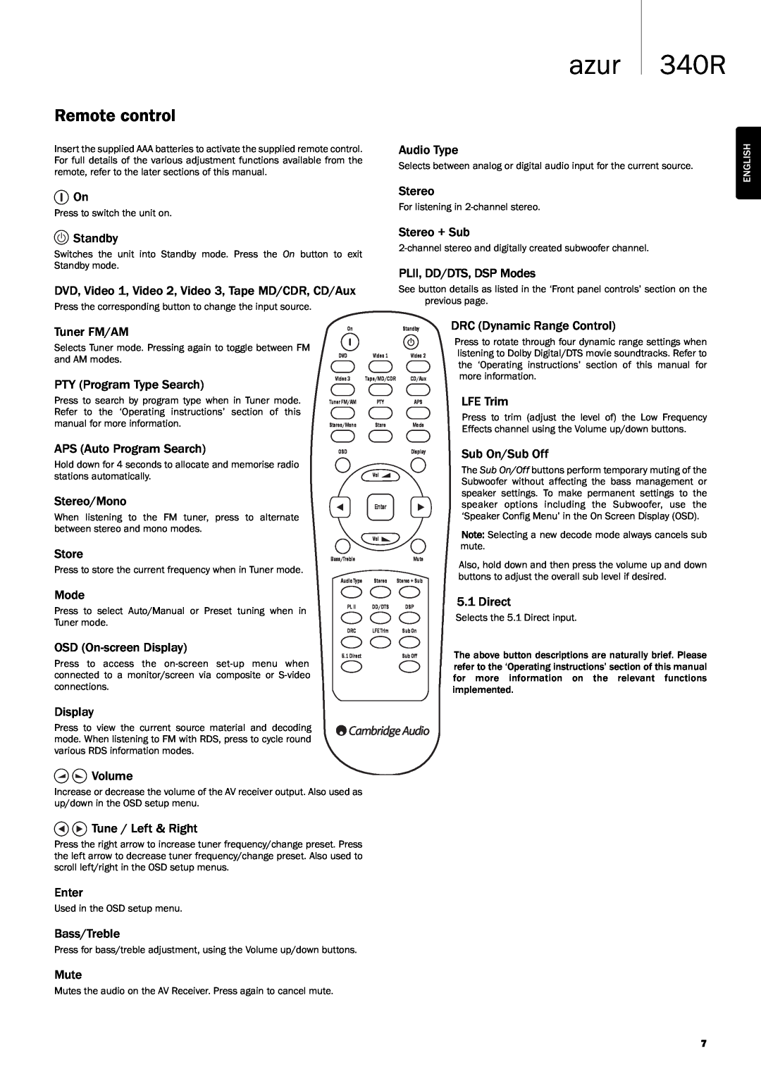 Cambridge Audio 340Razur user manual Remote control, azur 340R 