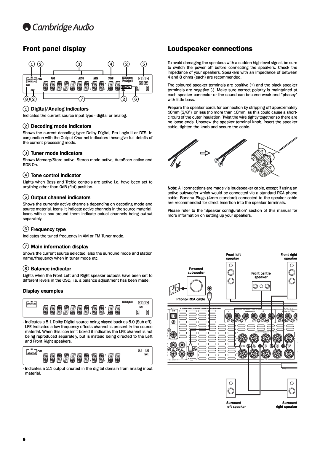 Cambridge Audio 340Razur Front panel display, Loudspeaker connections, 1Digital/Analog indicators, 3Tuner mode indicators 