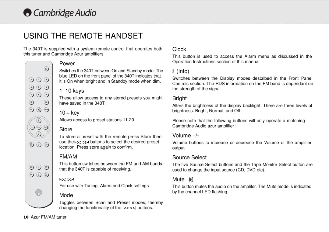 Cambridge Audio 340T user manual Using the Remote Handset 