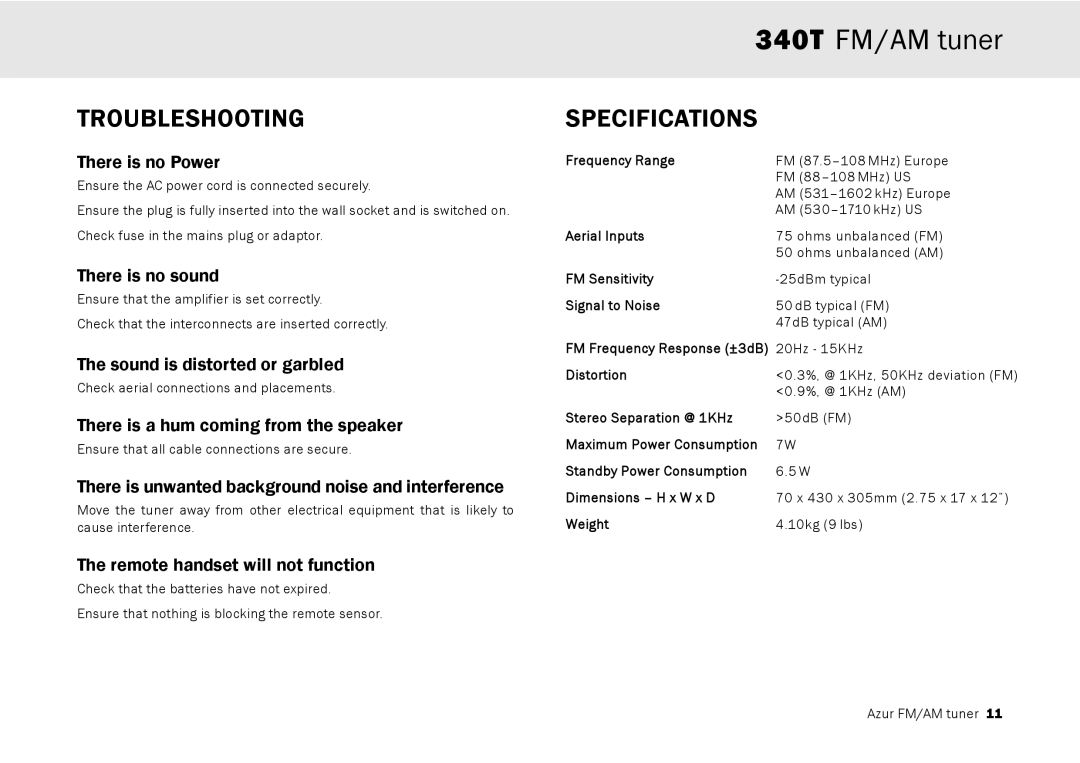 Cambridge Audio 340T user manual Troubleshooting, Specifications 