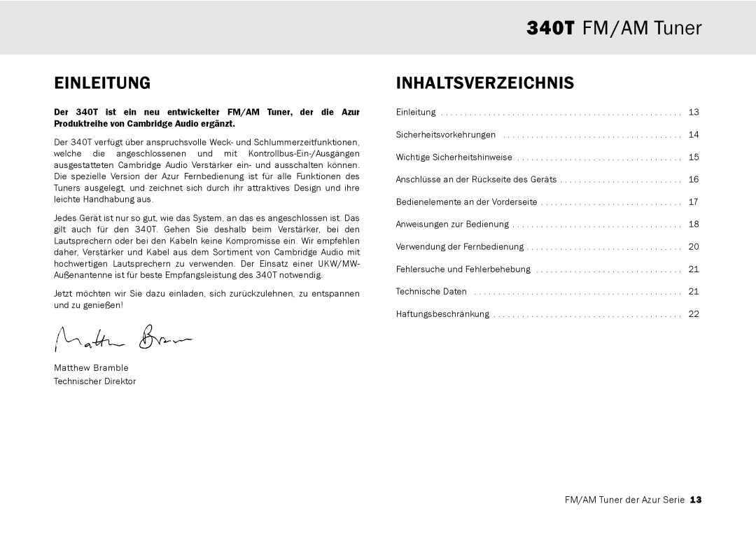 Cambridge Audio 340T user manual Einleitung, Inhaltsverzeichnis 