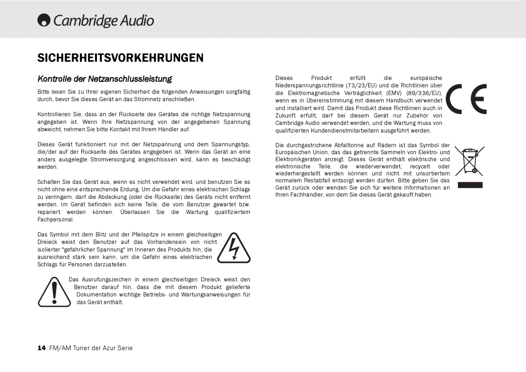 Cambridge Audio 340T user manual Sicherheitsvorkehrungen, Kontrolle der Netzanschlussleistung 