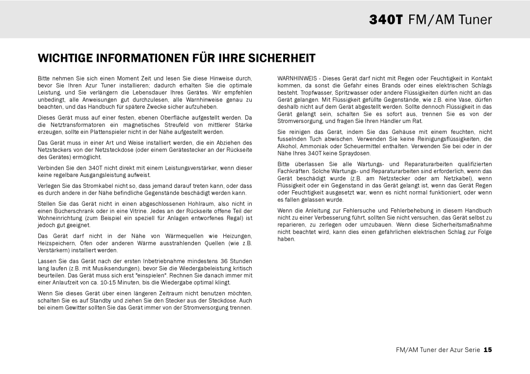 Cambridge Audio 340T user manual Wichtige Informationen FÜR Ihre Sicherheit 