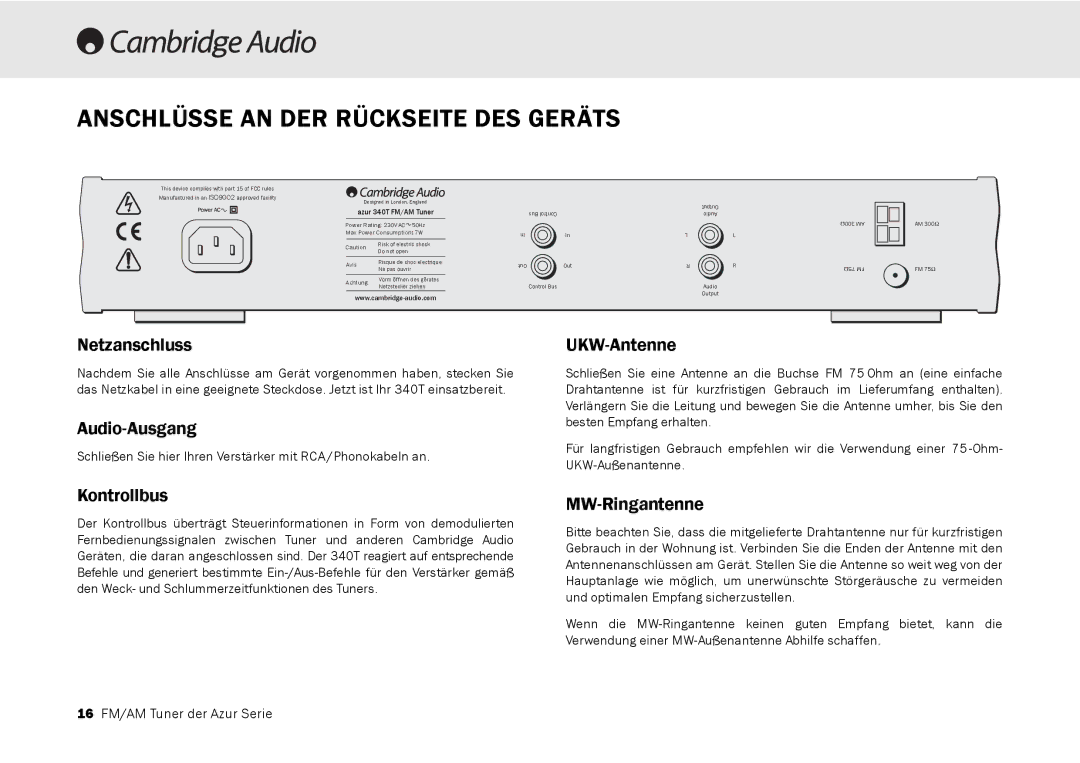 Cambridge Audio 340T user manual Anschlüsse AN DER Rückseite DES Geräts 