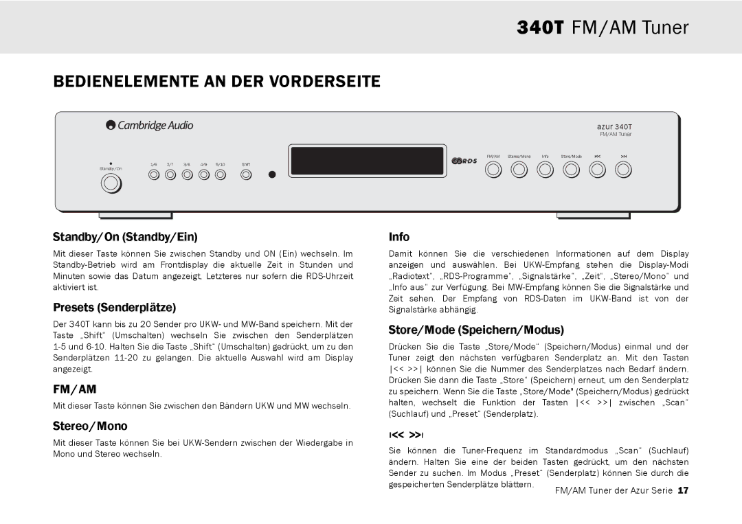 Cambridge Audio 340T user manual Bedienelemente AN DER Vorderseite, Standby/On Standby/Ein, Presets Senderplätze 