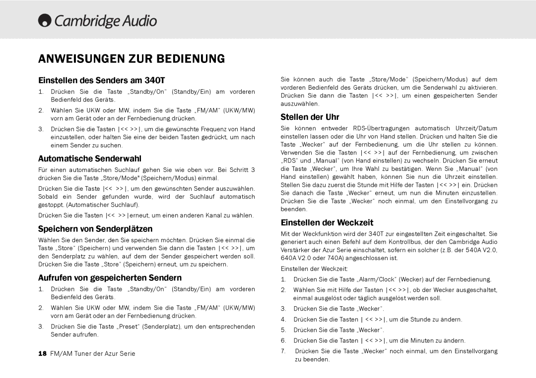 Cambridge Audio 340T user manual Anweisungen ZUR Bedienung 