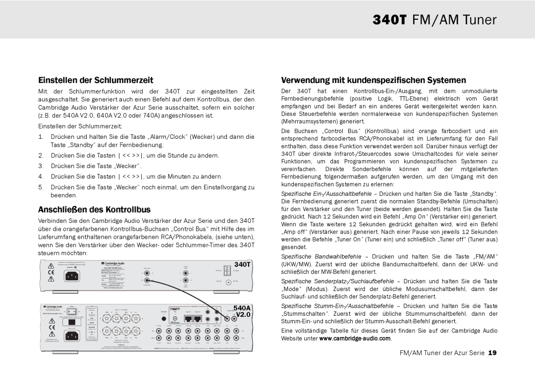 Cambridge Audio 340T Einstellen der Schlummerzeit, Anschließen des Kontrollbus, Verwendung mit kundenspezifischen Systemen 