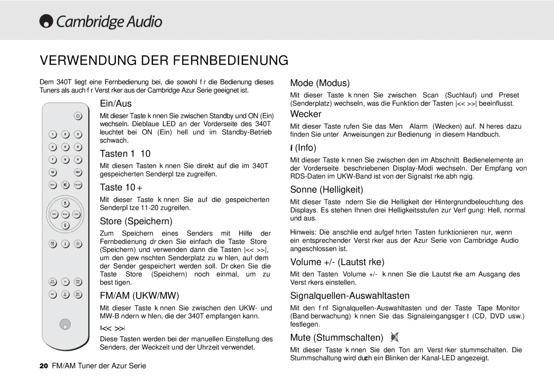 Cambridge Audio 340T user manual Verwendung DER Fernbedienung 