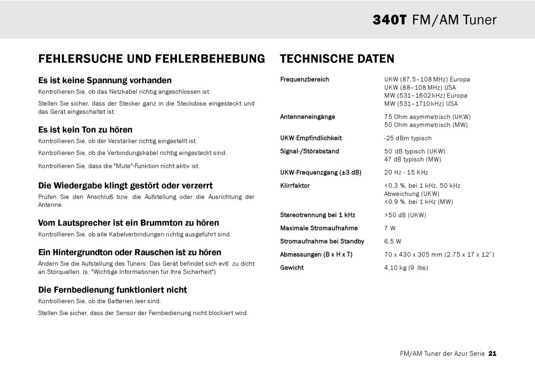 Cambridge Audio 340T user manual Fehlersuche UND Fehlerbehebung, Technische Daten 